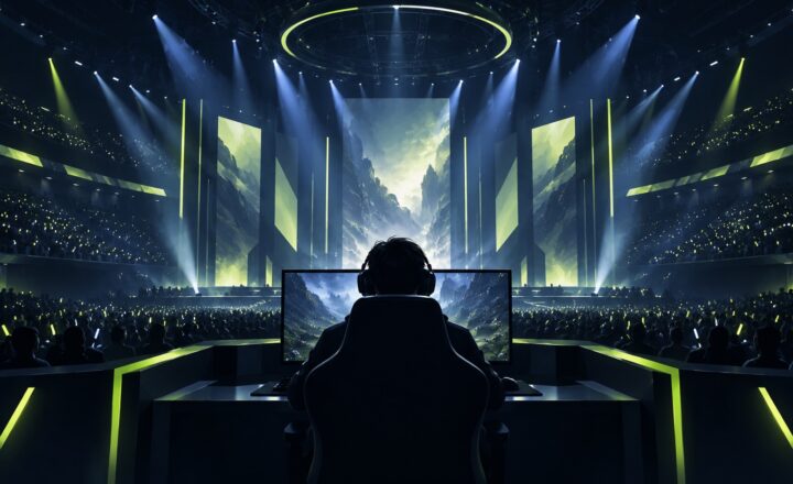 AI-generated editorial illustration: A conceptual esports arena with an anonymous player; not the event in this report.