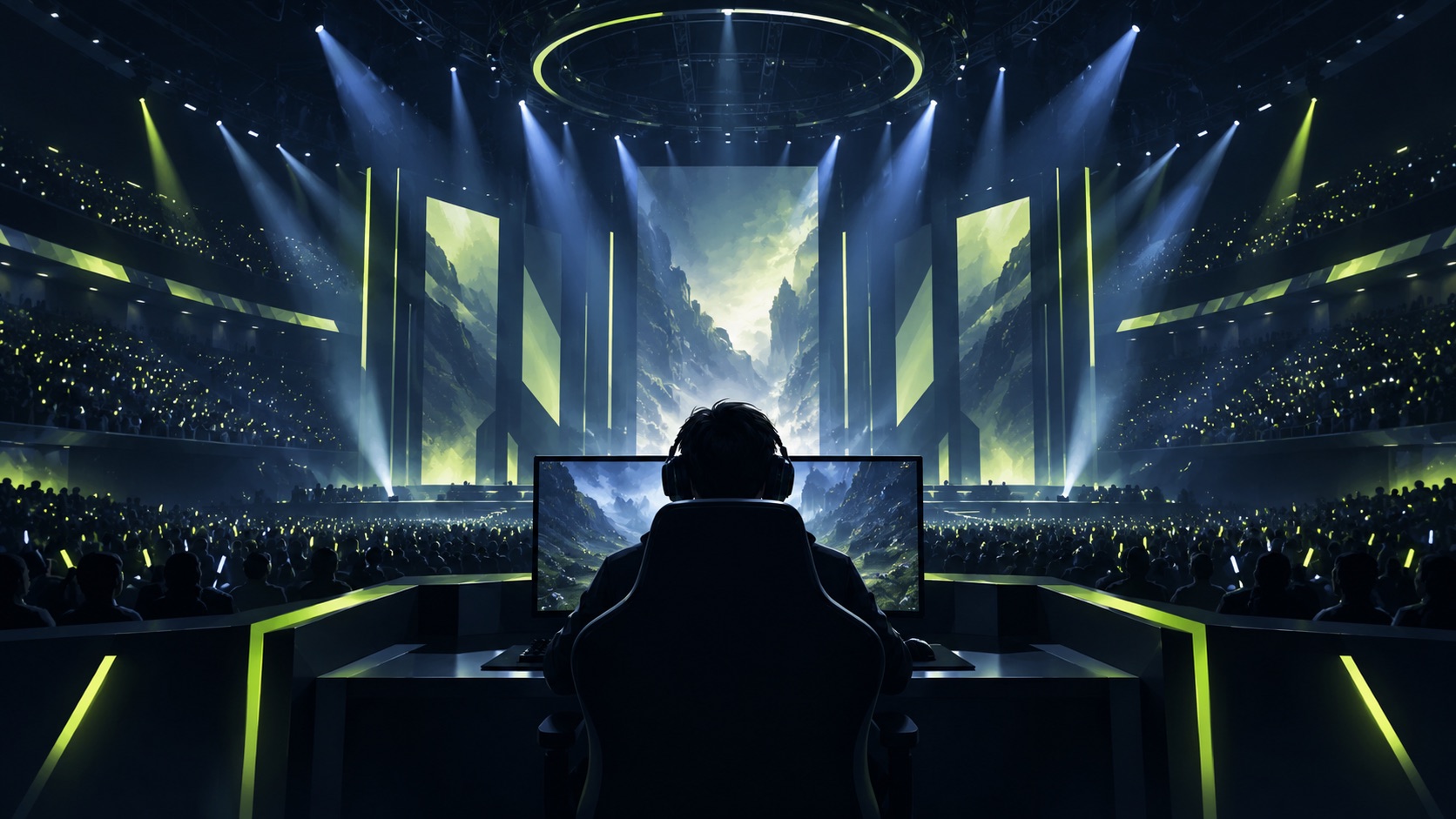 AI-generated editorial illustration: A conceptual esports arena with an anonymous player; not the event in this report.